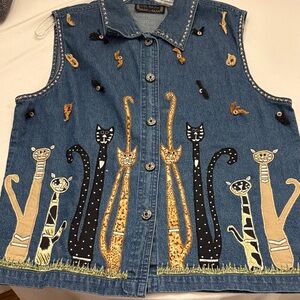 Denim Vest with Colorful Cat Design